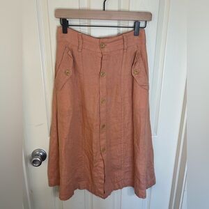 Outland Denim Linen Button Front Midi Skirt XS Cargo Pocket A-Line spring skirt